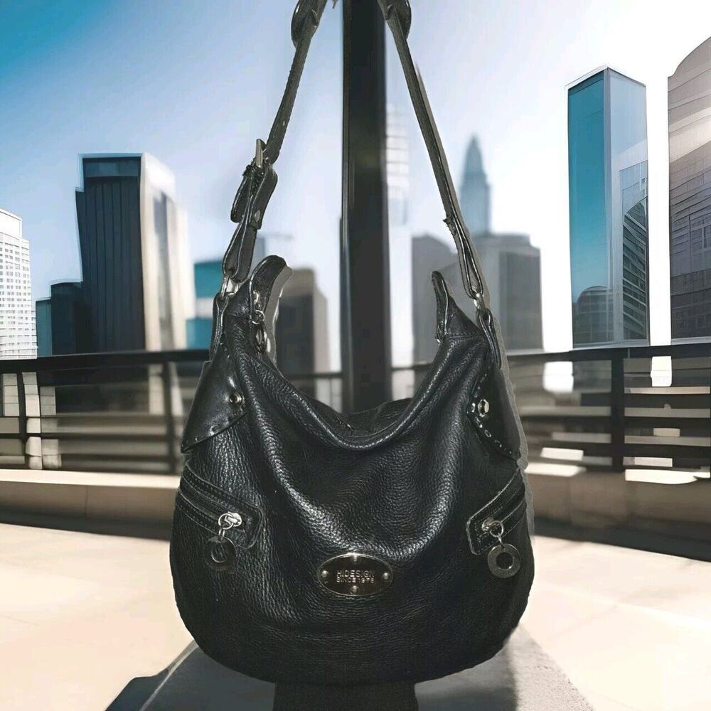 Hidesign Leather Shoulder Bag Black Textured